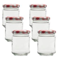 Sechs leere Glasgefäße mit rot-weißem Deckel. Die Gefäße sind rund und haben eine klare Sicht auf den Inhalt.