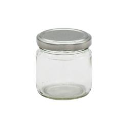 Glasgefäß mit rundem Boden und Schraubdeckel. Transparent und schlicht.