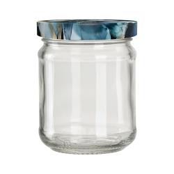 Glasbehälter mit klarem Körper. Deckel mit blauem, marmoriertem Muster. Rund und stabil.