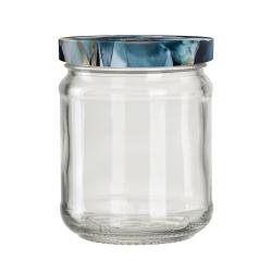 Glasbehälter mit einem bunten Deckel. Der Behälter ist durchsichtig und hat eine runde Form.