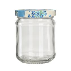 Glasjar mit rundem Körper und blauer, blumenverzierter Schraubdeckel. Transparent, keine Füllung sichtbar.