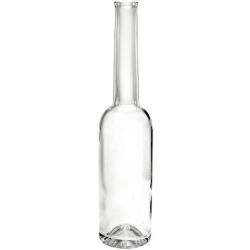 Durchsichtige Glasflasche mit schmalem Hals. Keine Etiketten oder Aufdrucke sichtbar.