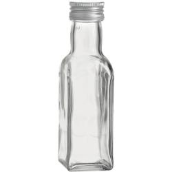 klare Glasflasche mit schmalem Hals und Schraubverschluss. Rechteckige Form, schlicht und transparent.