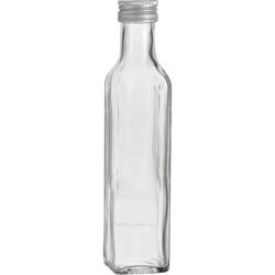 Durchsichtige Glasflasche mit schmalem Hals und Schraubverschluss. Sie hat eine rechteckige Form.