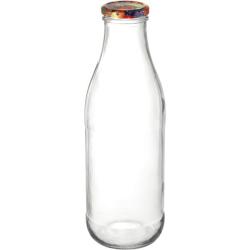 klare Glasflasche mit bunter Schraubkappe. Schlankes, hohes Design. Keine Füllung sichtbar.