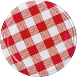 Runder Teller mit rot-weißer Karomusterung. Das Design ist einfach und klassisch.