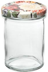 Ein transparenter Glasbehälter mit einem bunten Blumenmuster auf dem Deckel. Der Behälter ist leer und hat eine runde Form.