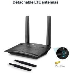 Schwarzer WLAN-Router mit zwei Antennen. Die Vorderseite hat mehrere Statusanzeigen.