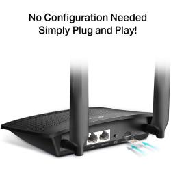 Schwarzer WLAN-Router mit zwei Antennen. Die Vorderseite hat mehrere Statusanzeigen.