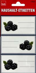 Haushaltsetiketten mit Abbildung von Brombeeren. Drei Bögen mit leeren Beschriftungsfeldern.