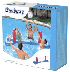Aufblasbares Volleyballnetz für den Pool. Bunte Verpackung. Drei Personen im Wasser, die einen Volleyball spielen. Netz mit roten Enden. Maße: 2,44 m x 64 cm.