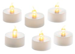 Sechs LED-Teelichter in runder Form. Weißer Sockel mit flackernder gelber Flamme. Ideal für stimmungsvolle Beleuchtung.