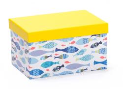 Bunte Aufbewahrungsbox mit Fischmotiven. Gelber Deckel, rechteckige Form.