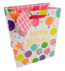 Geschenktüte mit bunten Luftballons und dem Text 'Happy Birthday'. Farbenfroh und festlich gestaltet.