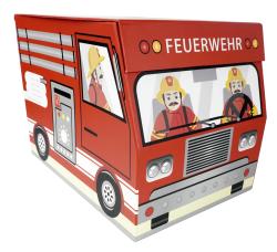 Ein rotes Spielzeugfeuerwehrauto mit zwei Feuerwehrmännern. Die Figuren sind cartoonhaft gestaltet.