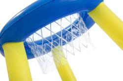 Aufblasbarer Basketballkorb in Blau und Gelb. Mit einem kleinen orangefarbenen Basketball.