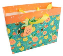 Bunte Einkaufstasche mit fruchtigem Muster. Enthält Ananas, Bananen und andere Früchte.