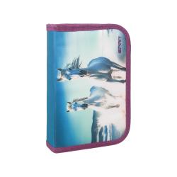 Ein Etui mit einem Bild von zwei weißen Pferden am Strand. Der Rand ist lila.