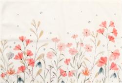 Helle, florale Muster auf weißem Hintergrund. Rosa und pinke Blumen mit grünen Blättern. Leichte, verspielte Gestaltung.