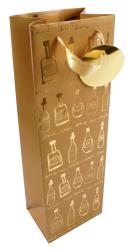 Goldene Geschenktüte mit Flaschenmotiven. Tragegriff aus Satin.
