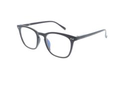 schwarze Brille mit rechteckigem Rahmen. Klare Gläser, dünne Bügel. Modernes Design.