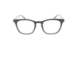schwarze Brille mit rechteckigem Rahmen. Klare Gläser, dünne Bügel. Modernes Design.