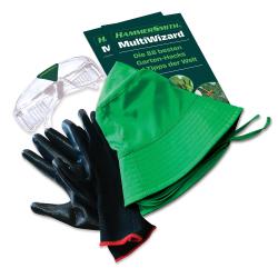Grüner elektrischer Rasentrimmer mit zwei großen Rädern. Langer Griff und ergonomischer Handgriff.