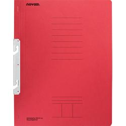 Roter Einhefter aus Recyclingkarton. Mit Metallklammer und Linien zum Beschriften.