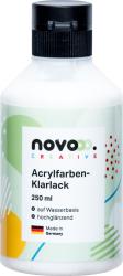 Weißer Flasche mit schwarzem Deckel. Aufkleber mit bunten Punkten. Inhalt: Acrylfarben-Klarlack, 250 ml, wasserbasiert, hochglänzend. Hergestellt in Deutschland.