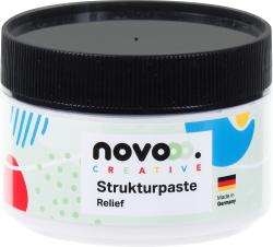 Weißer Behälter mit schwarzem Deckel. Beschriftung mit dem Wort 'Strukturpaste' und bunten grafischen Elementen.