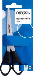 Schwarze Büro-Schere mit 15 cm Klingenlänge. Verpackt in blauer Karte mit dem Schriftzug 'novooo BASIC'.