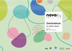 Zeichenblock in A3 mit bunten, abstrakten Formen auf grünem Hintergrund. 18 Blätter, 100 g/m², aus 100% Recyclingpapier.