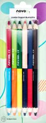 Sechseckige Jumbo-Buntstifte in verschiedenen Farben. Verpackung zeigt die Marke 'novooo' und den Hinweis auf doppelte Farbauswahl.
