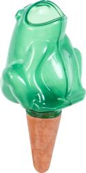 grüner Frosch aus Kunststoff, auf einem Kegel. Frosch hat glatte Oberfläche, Kegel ist braun. Sieht aus wie ein Eisbecher.