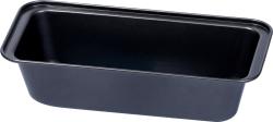 schwarze rechteckige Backform aus Metall. Glatte Oberfläche, geeignet zum Backen.