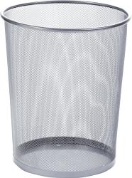 Metallischer Papierkorb mit runder Form. Das Gitterdesign ermöglicht Sicht auf den Inhalt.