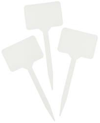 Drei weiße Pflanzenstecker mit rechteckigem Kopf. Die Stecker sind spitz und zum Einstecken in Erde geeignet.