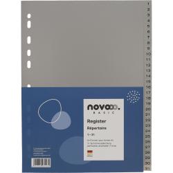 Graues Registerblatt für A4-Format. 31 nummerierte Fächer. Universelle Perforation. Blauer Bereich mit Logo.