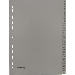 Graues Registerblatt für A4-Format. 31 nummerierte Fächer. Universelle Perforation. Blauer Bereich mit Logo.