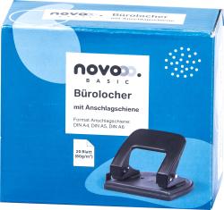 Schwarzer Locher mit einem ergonomischen Griff. Die Basis ist flach und stabil.