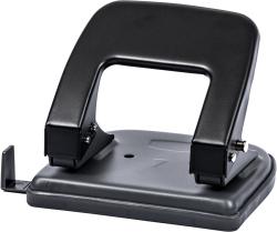 Schwarzer Locher mit einem ergonomischen Griff. Die Basis ist flach und stabil.
