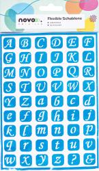 Blaue Schablone mit weißen Buchstaben. Enthält Groß- und Kleinbuchstaben sowie einige Sonderzeichen.