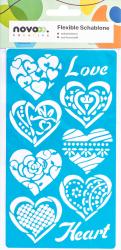 Blaue Schablone mit verschiedenen Herzmotiven. Enthält den Schriftzug 'Love' und 'Heart'.