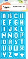 Blaue flexible Schablone mit weißen Buchstaben. Enthält das Alphabet A bis Z sowie Herz und Stern. Selbsthaftend, aus Kunststoff.