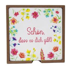 Dekorative Karte mit bunten Blumen. Text: 'Schön, dass es dich gibt!'