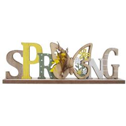 Dekorative Schriftzug 'SPRING' aus Holz. Bunte Buchstaben in Gelb, Grün und Weiß. Enthält Blumen- und Schmetterlingselemente.