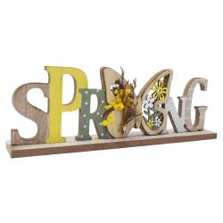 Dekorative Schriftzug 'SPRING' aus Holz. Bunte Buchstaben in Gelb, Grün und Weiß. Enthält Blumen- und Schmetterlingselemente.