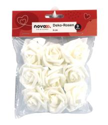 Packung mit neun weißen Dekorationsrosen. Jede Rose hat einen Durchmesser von 5 cm.