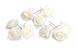 Packung mit neun weißen Dekorationsrosen. Jede Rose hat einen Durchmesser von 5 cm.