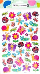 Stickerbogen mit 42 bunten Aufklebern. Motive: Insekten, Blumen, Schnecken, Schmetterlinge. Fröhliche Farben, glitzernde Oberflächen.